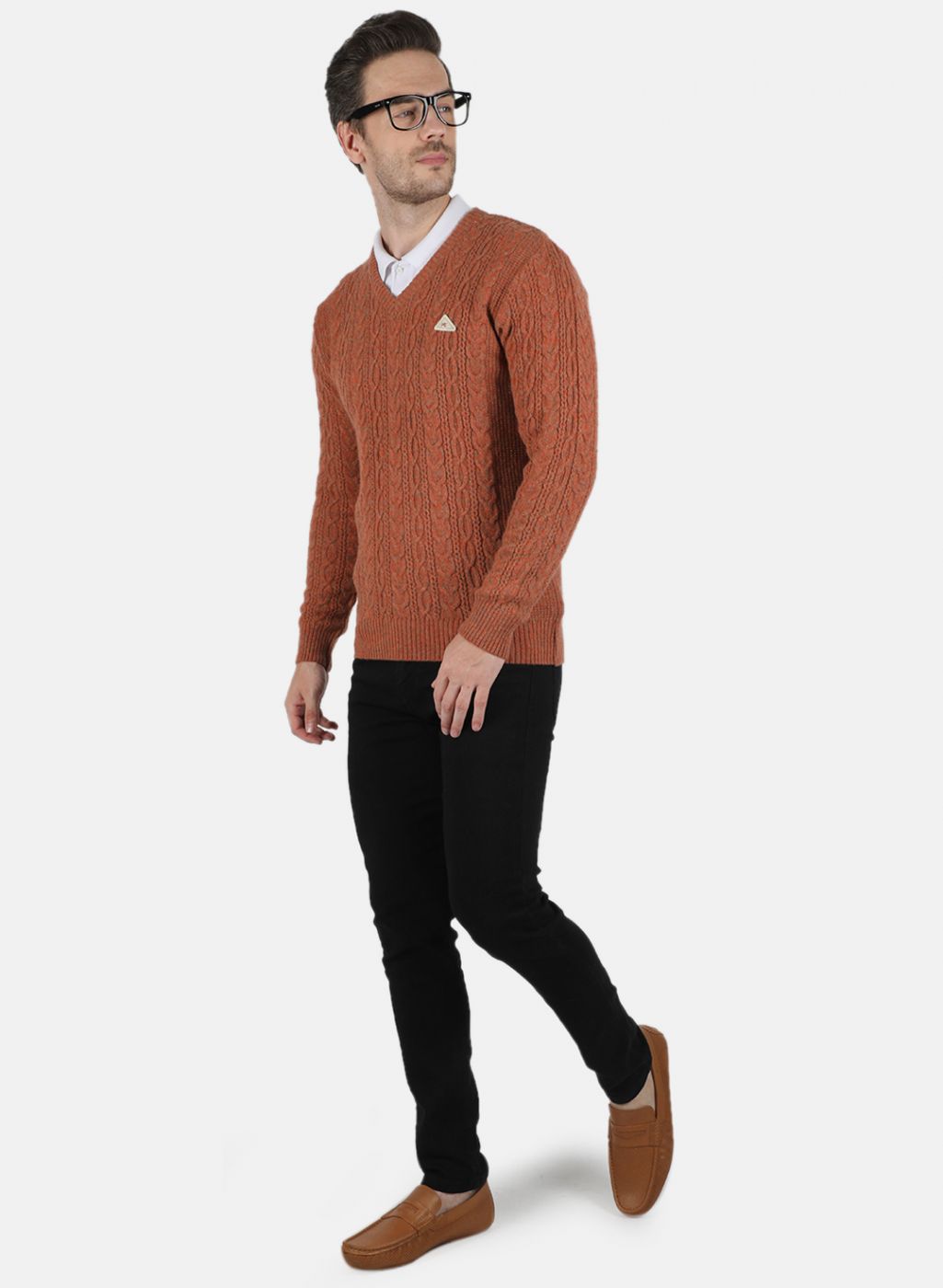 Men Orange Self Design Pullover