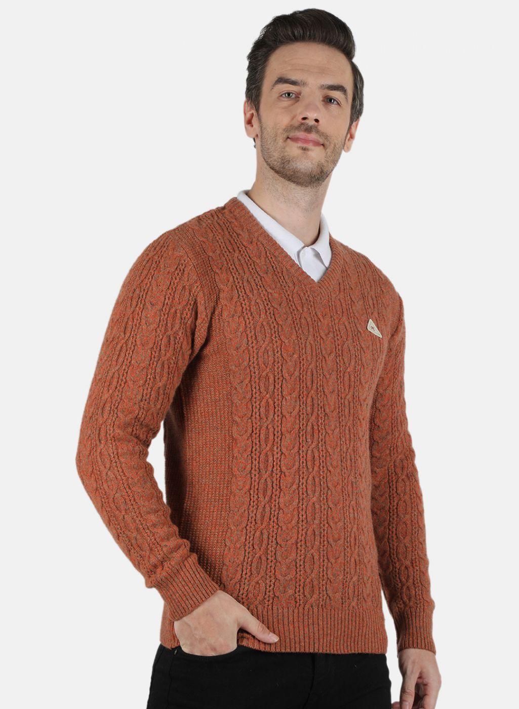 Men Orange Self Design Pullover