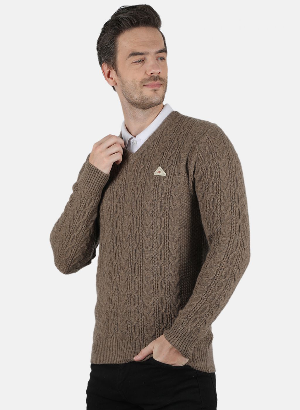 Men Brown Self Design Pullover