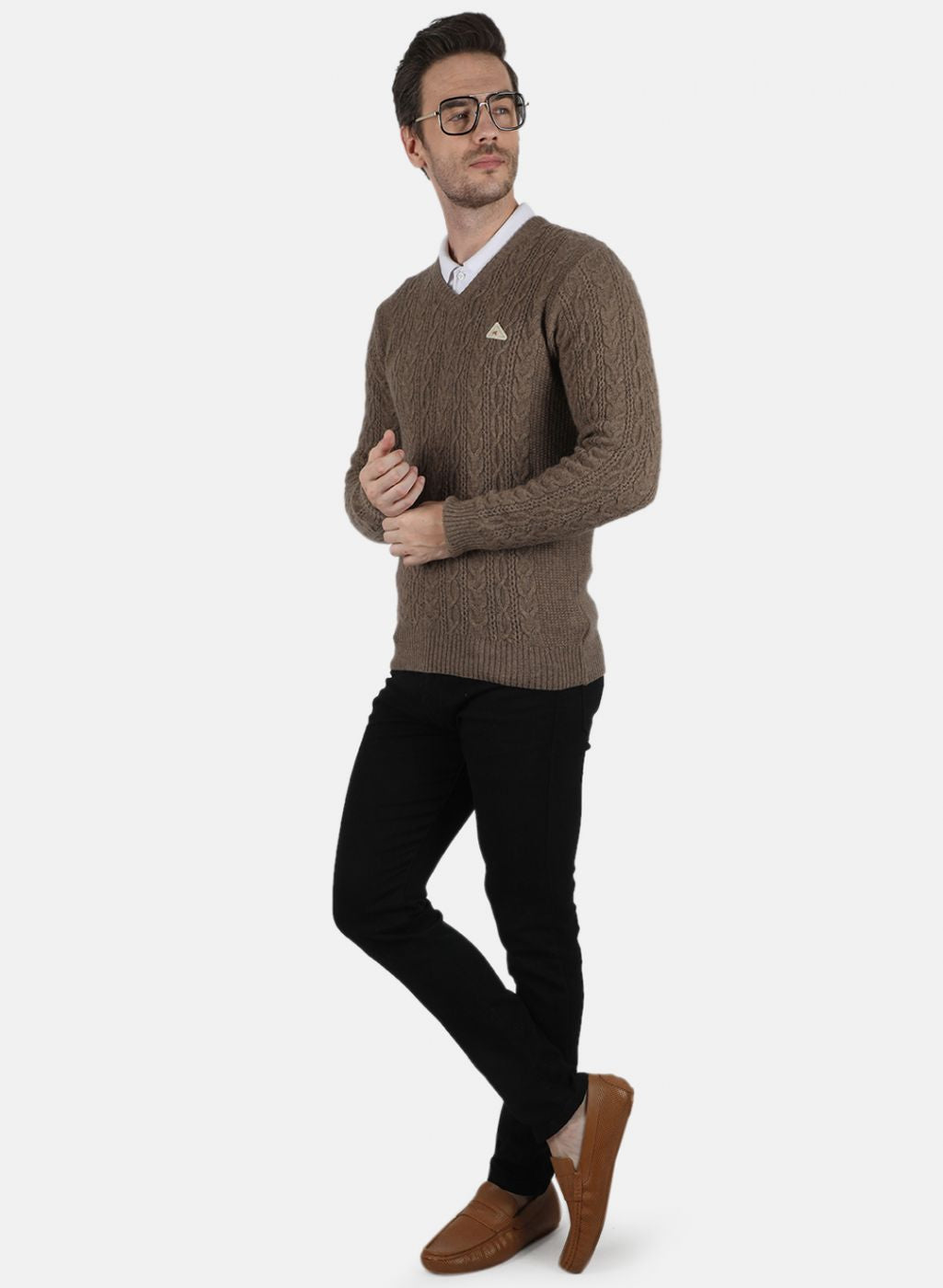 Men Brown Self Design Pullover