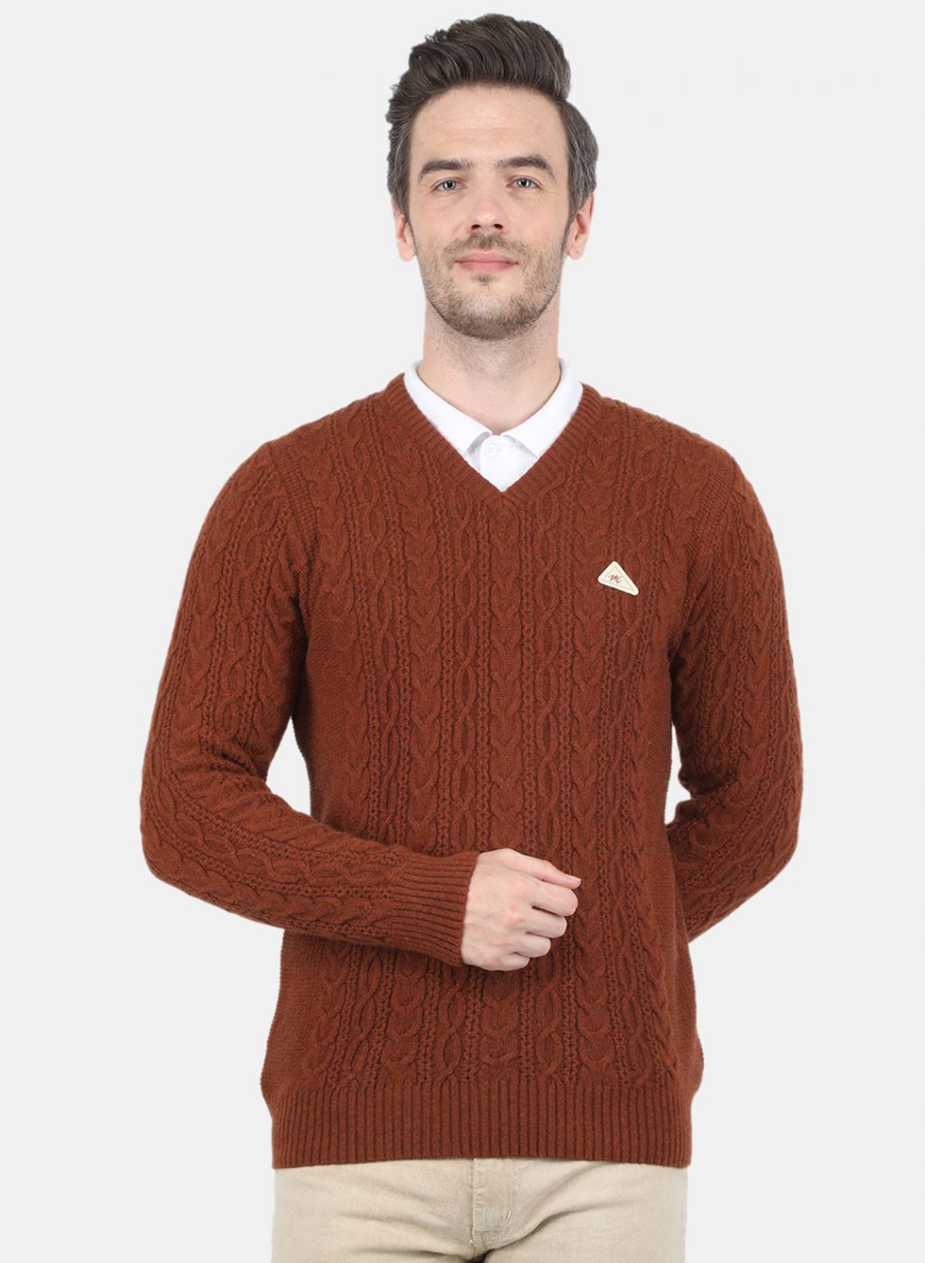 Men Brown Self Design Pullover