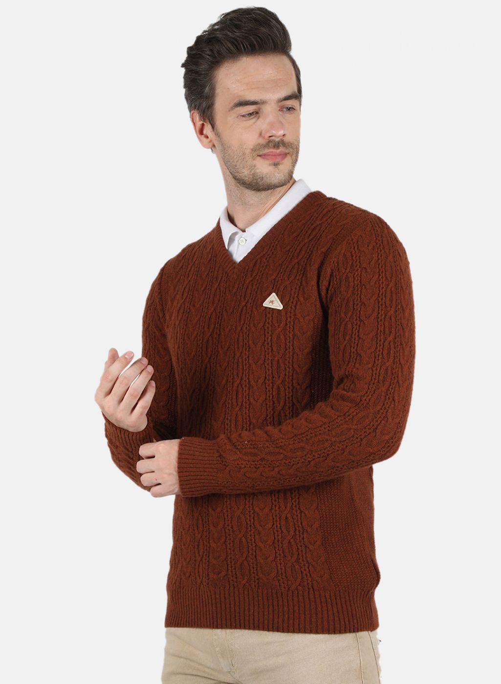 Men Brown Self Design Pullover