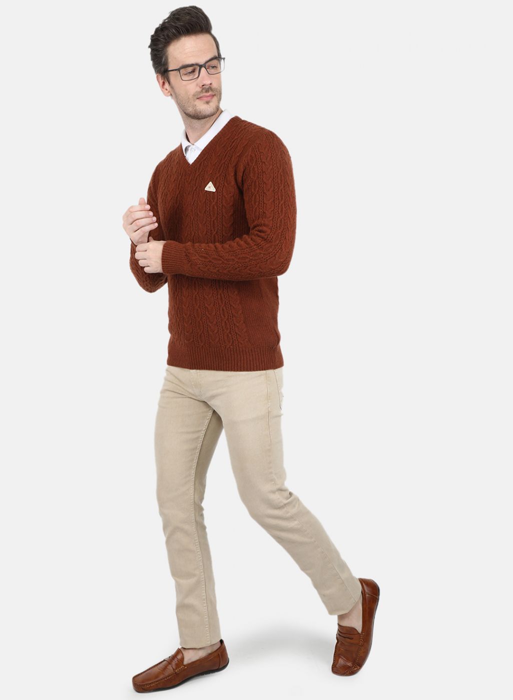 Men Brown Self Design Pullover