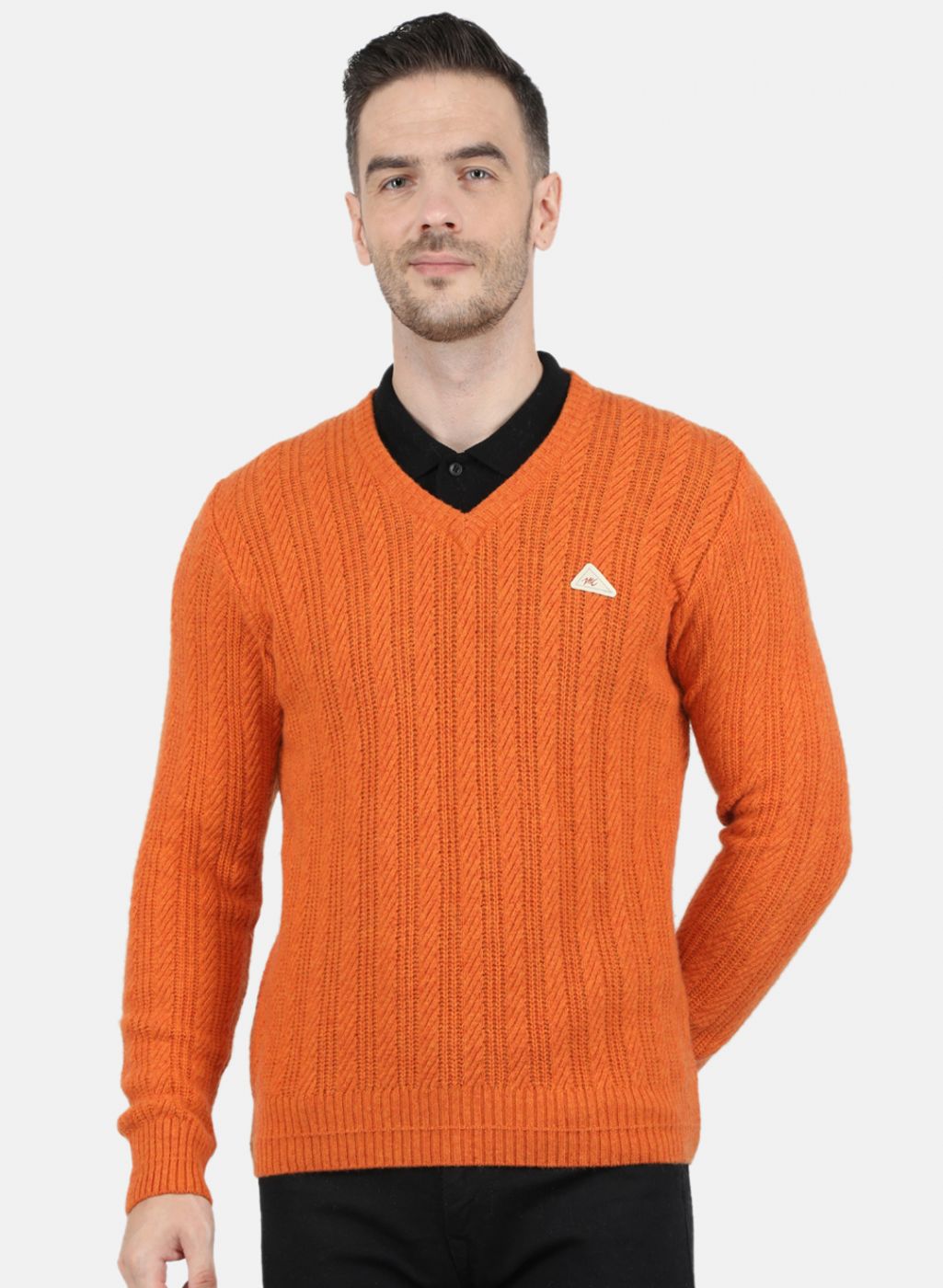 Men Orange Self Design Pullover