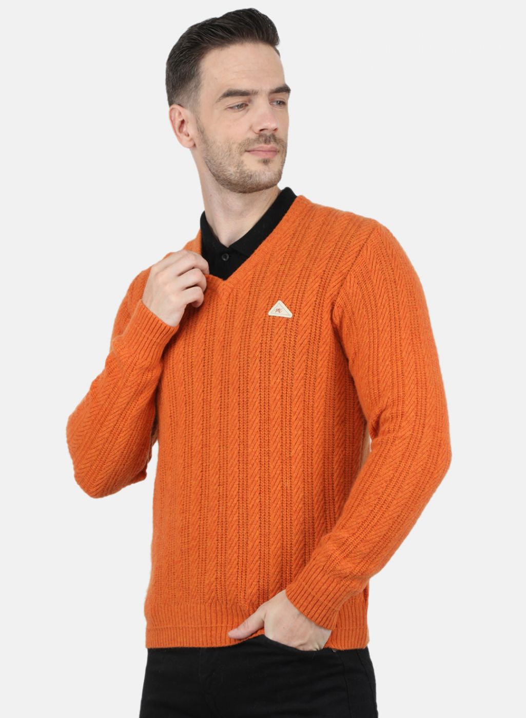 Men Orange Self Design Pullover