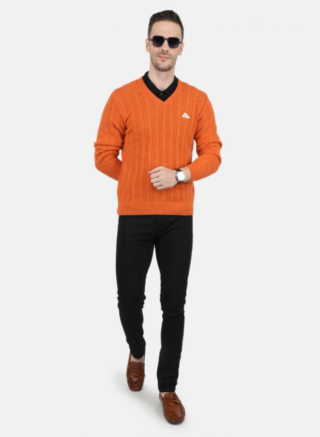 Men Orange Self Design Pullover