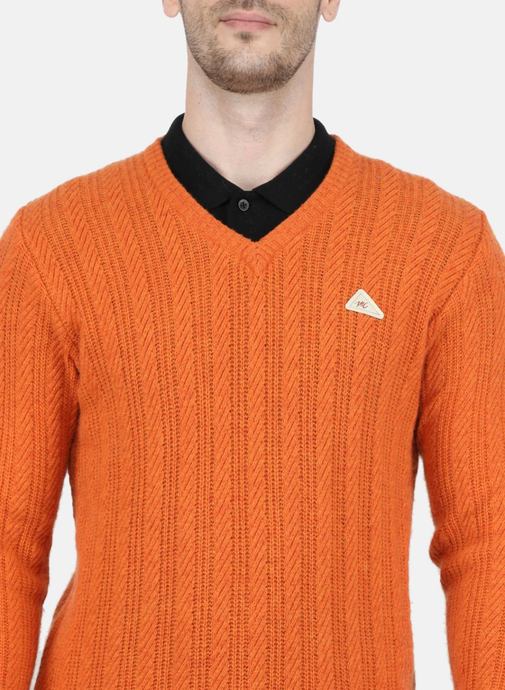 Men Orange Self Design Pullover