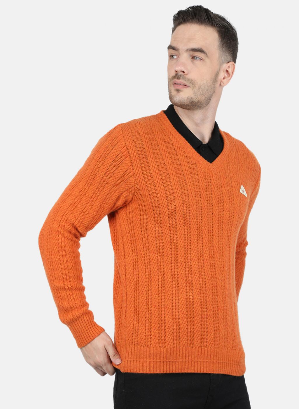 Men Orange Self Design Pullover