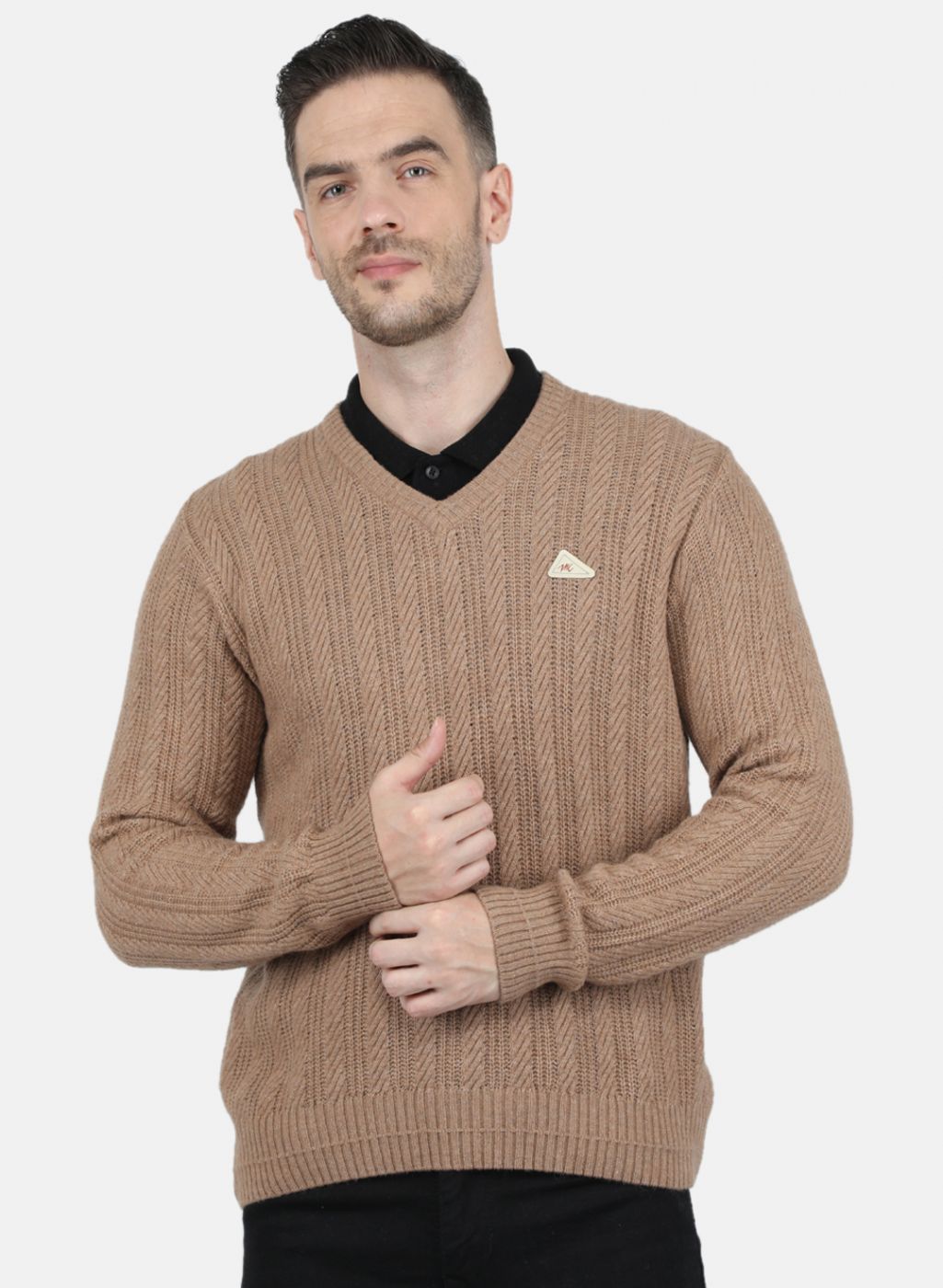 Men Beige Self Design Pullover