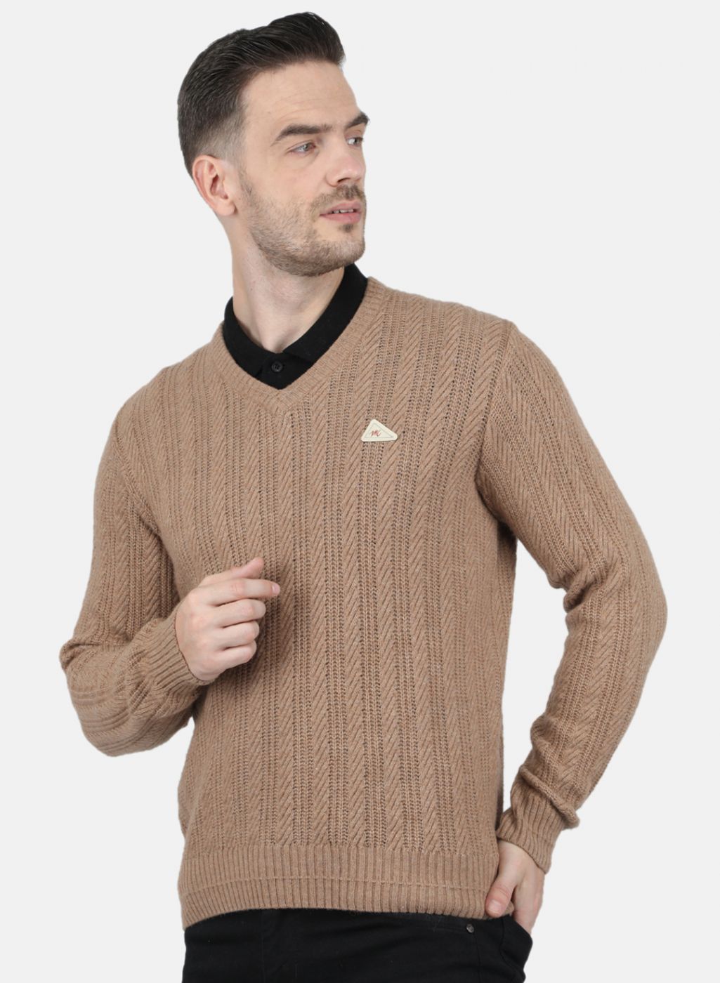 Men Beige Self Design Pullover