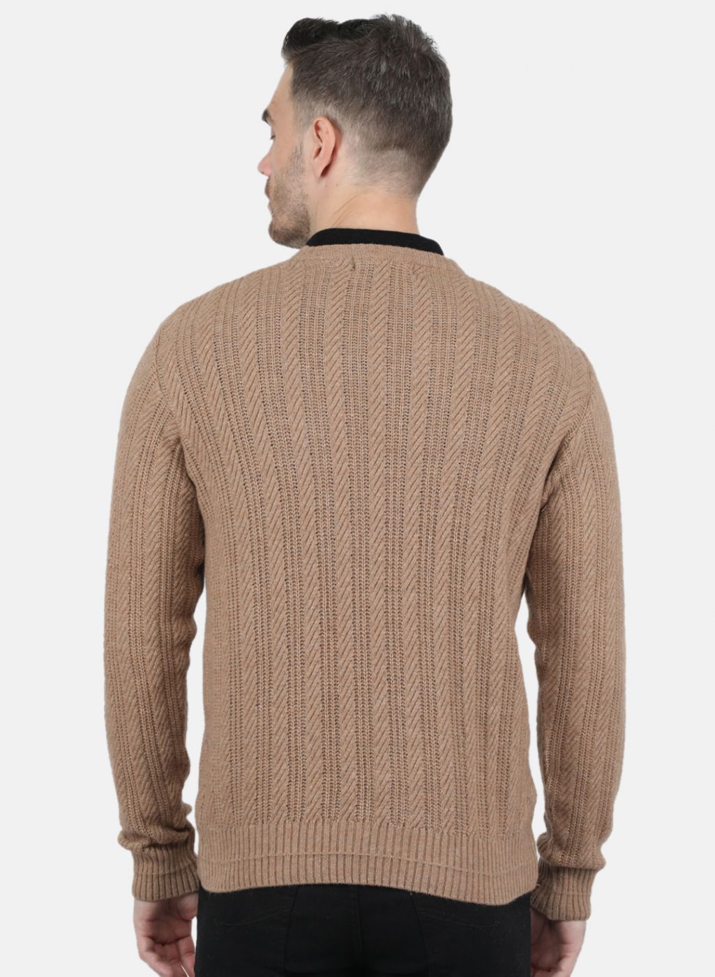 Men Beige Self Design Pullover