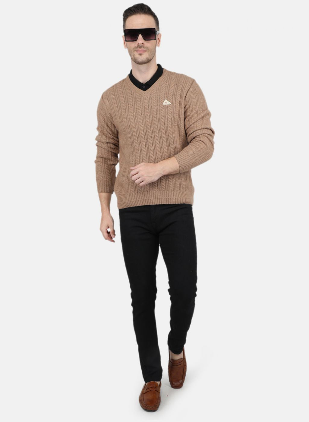 Men Beige Self Design Pullover