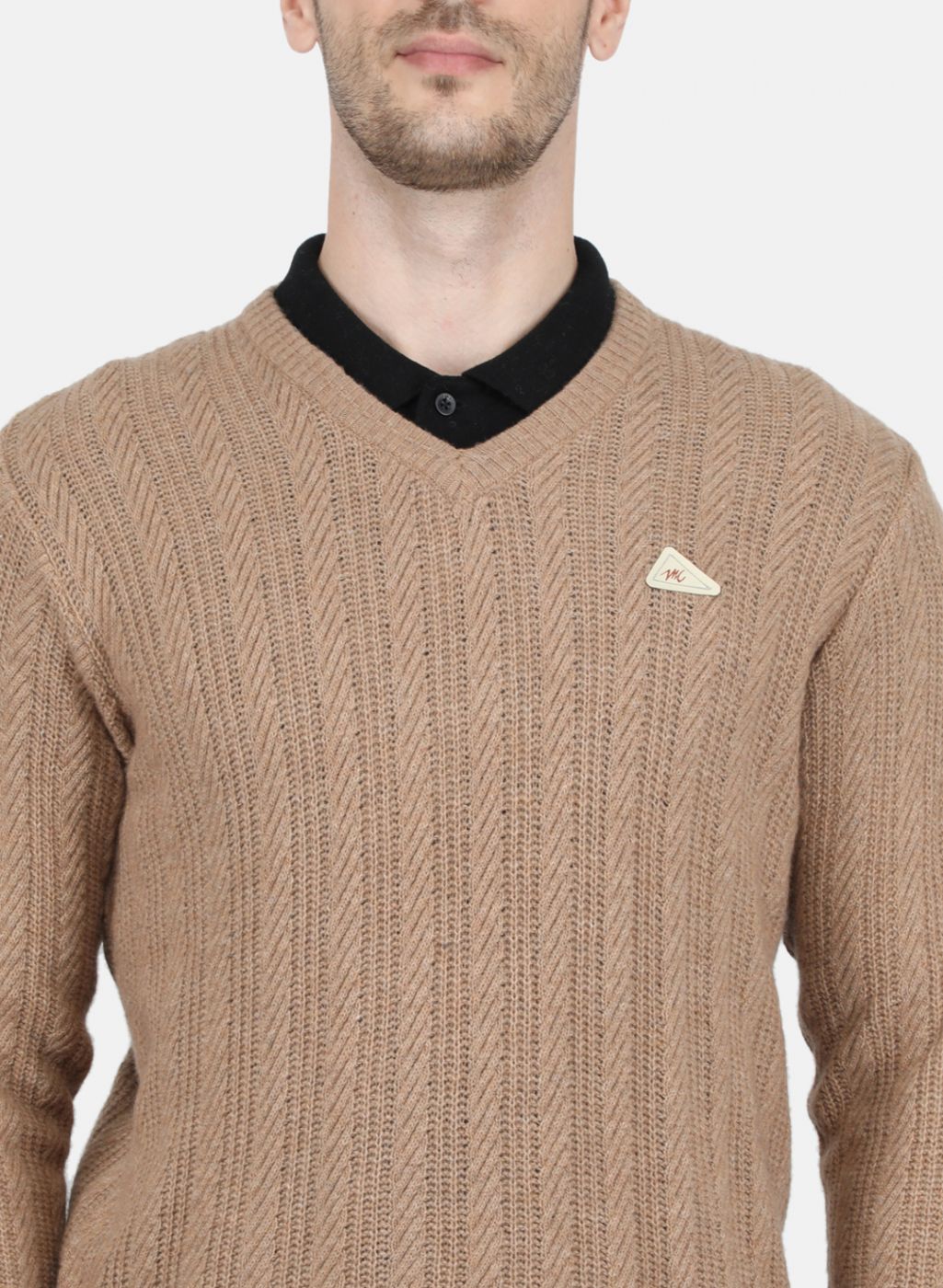 Men Beige Self Design Pullover