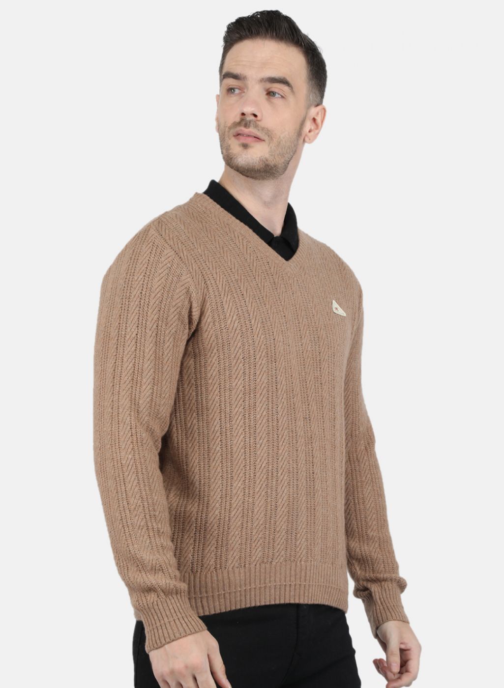 Men Beige Self Design Pullover