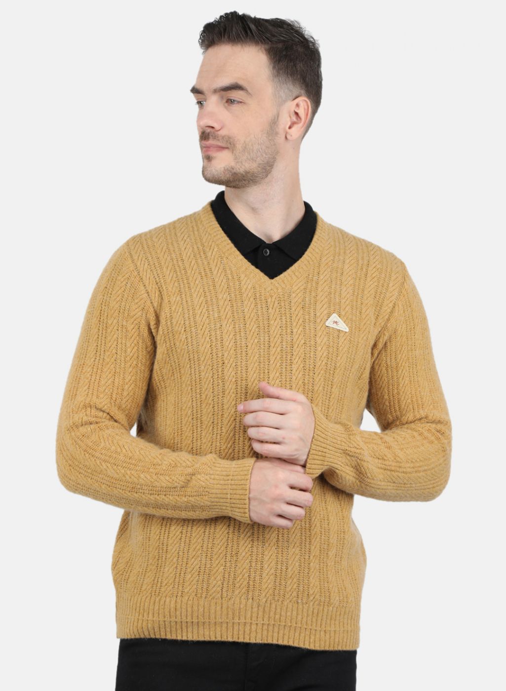 Men Mustard Self Design Pullover