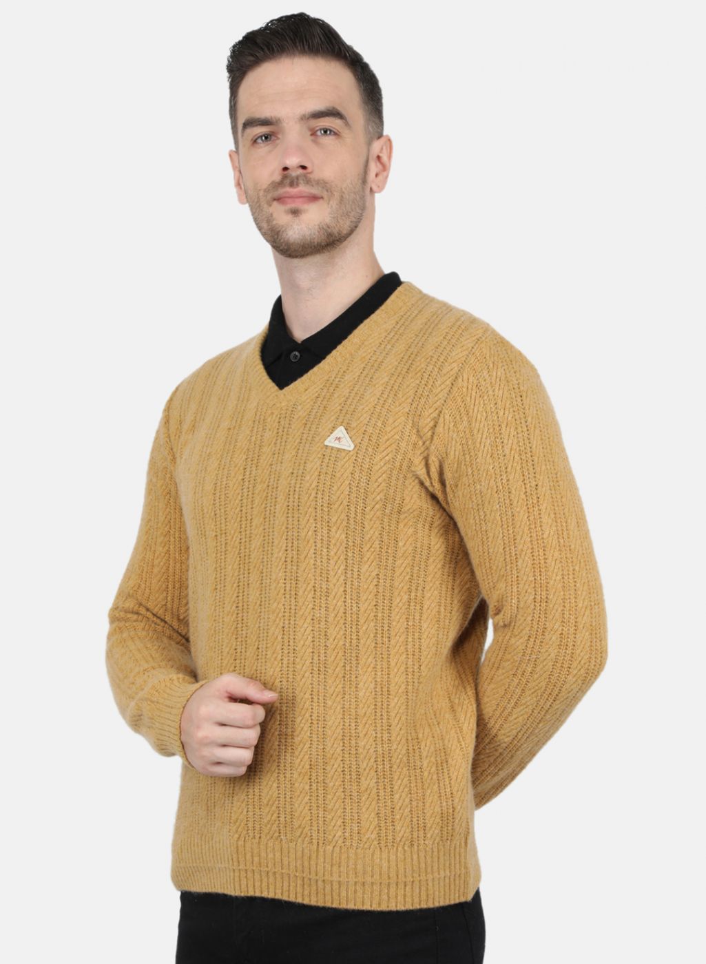 Men Mustard Self Design Pullover