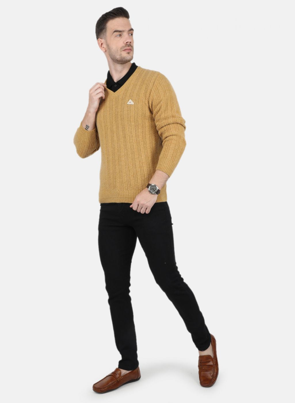 Men Mustard Self Design Pullover