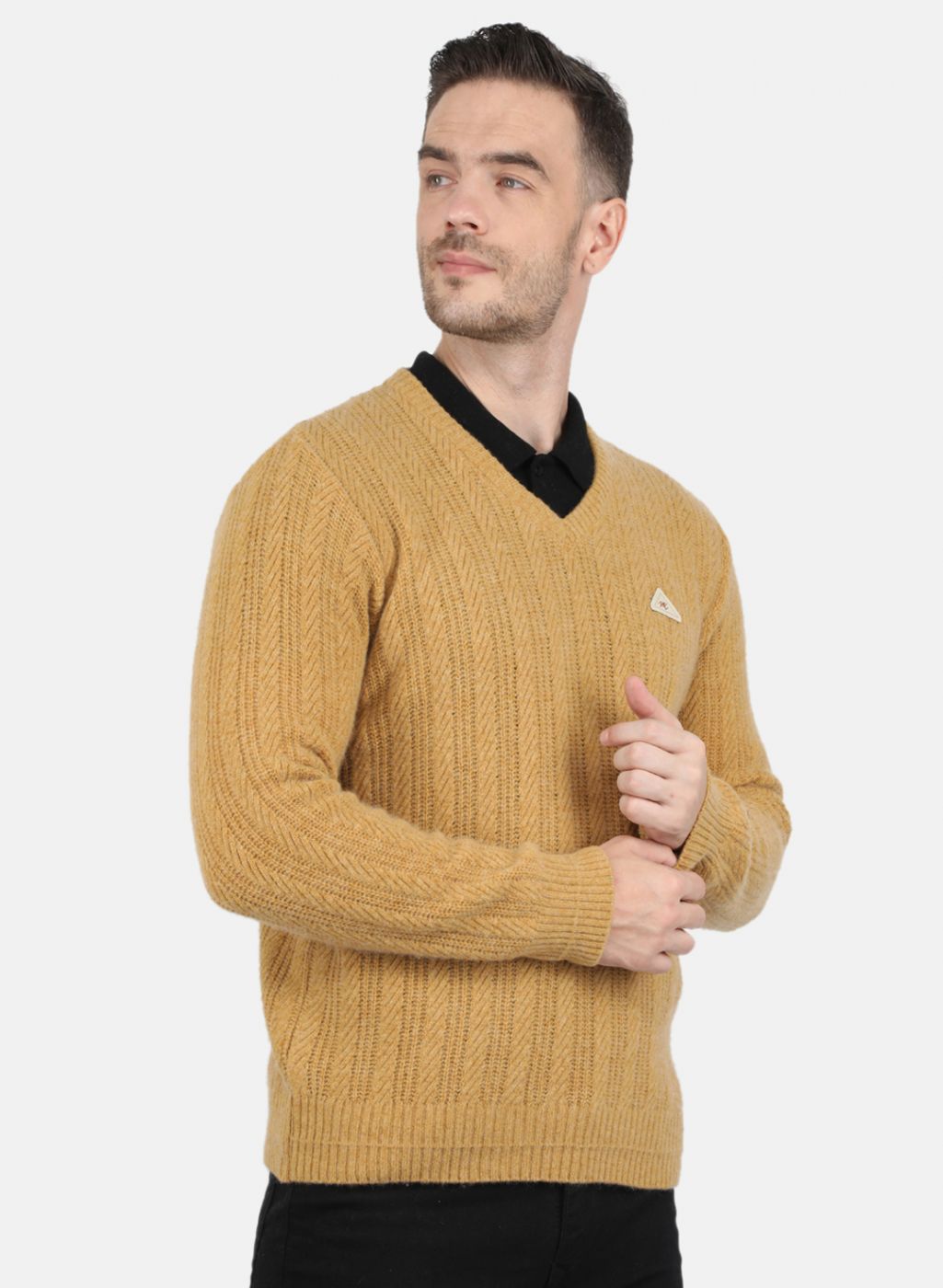 Men Mustard Self Design Pullover