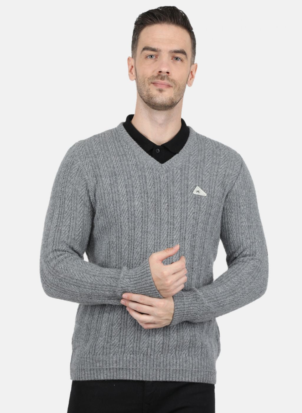 Men Grey Self Design Pullover