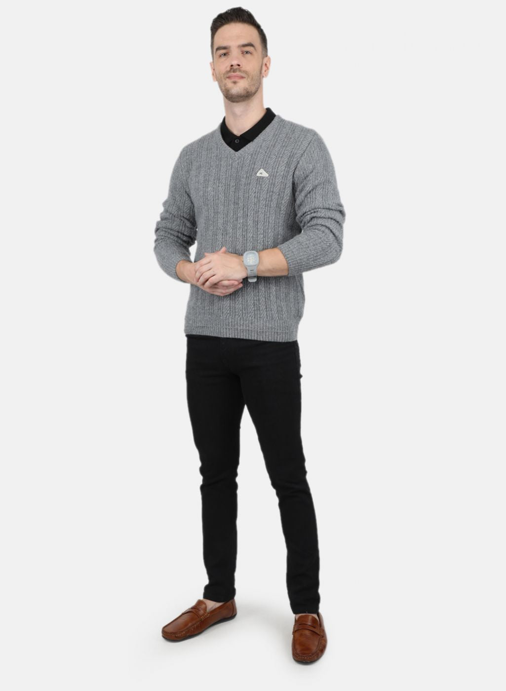 Men Grey Self Design Pullover