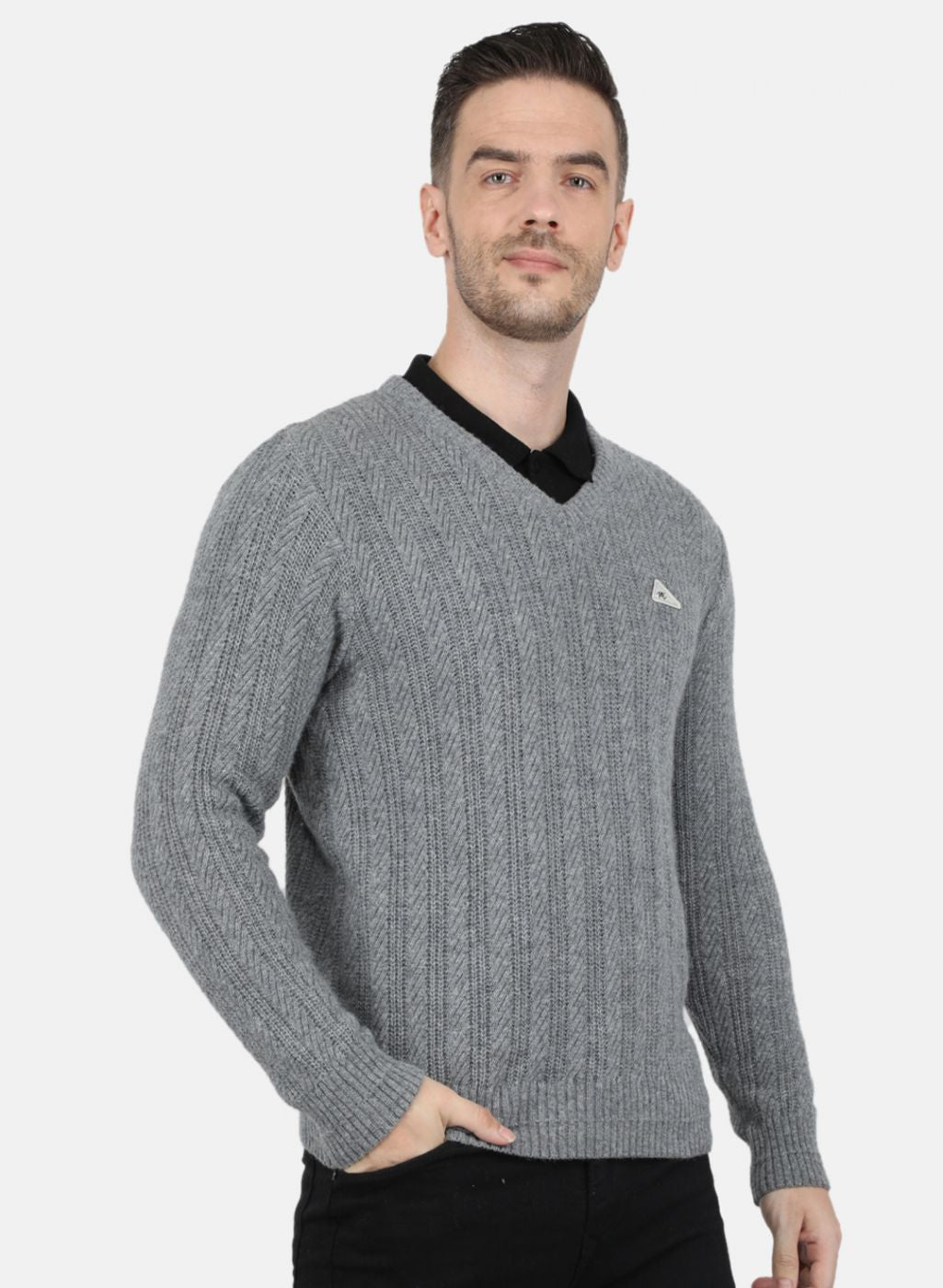 Men Grey Self Design Pullover