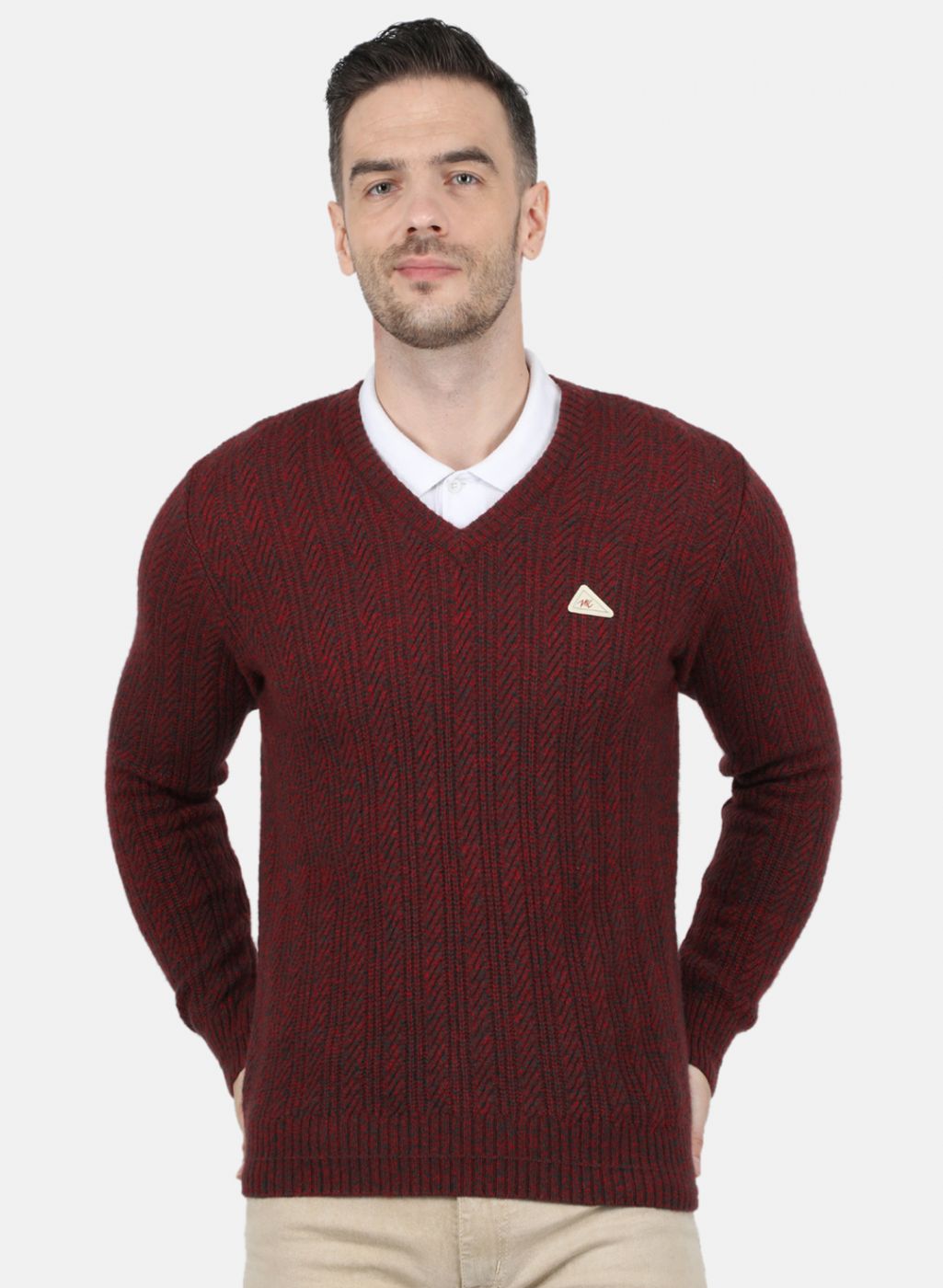 Men Maroon Self Design Pullover