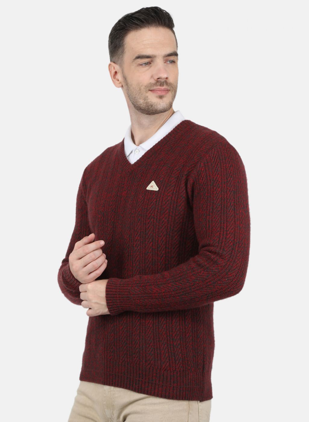 Men Maroon Self Design Pullover