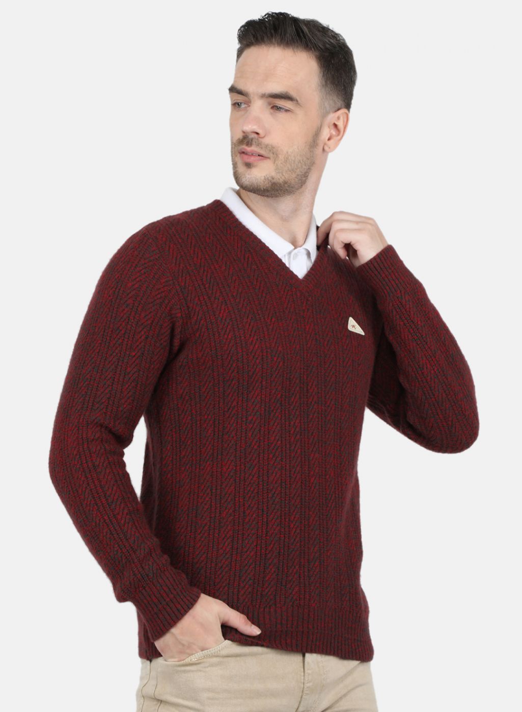 Men Maroon Self Design Pullover