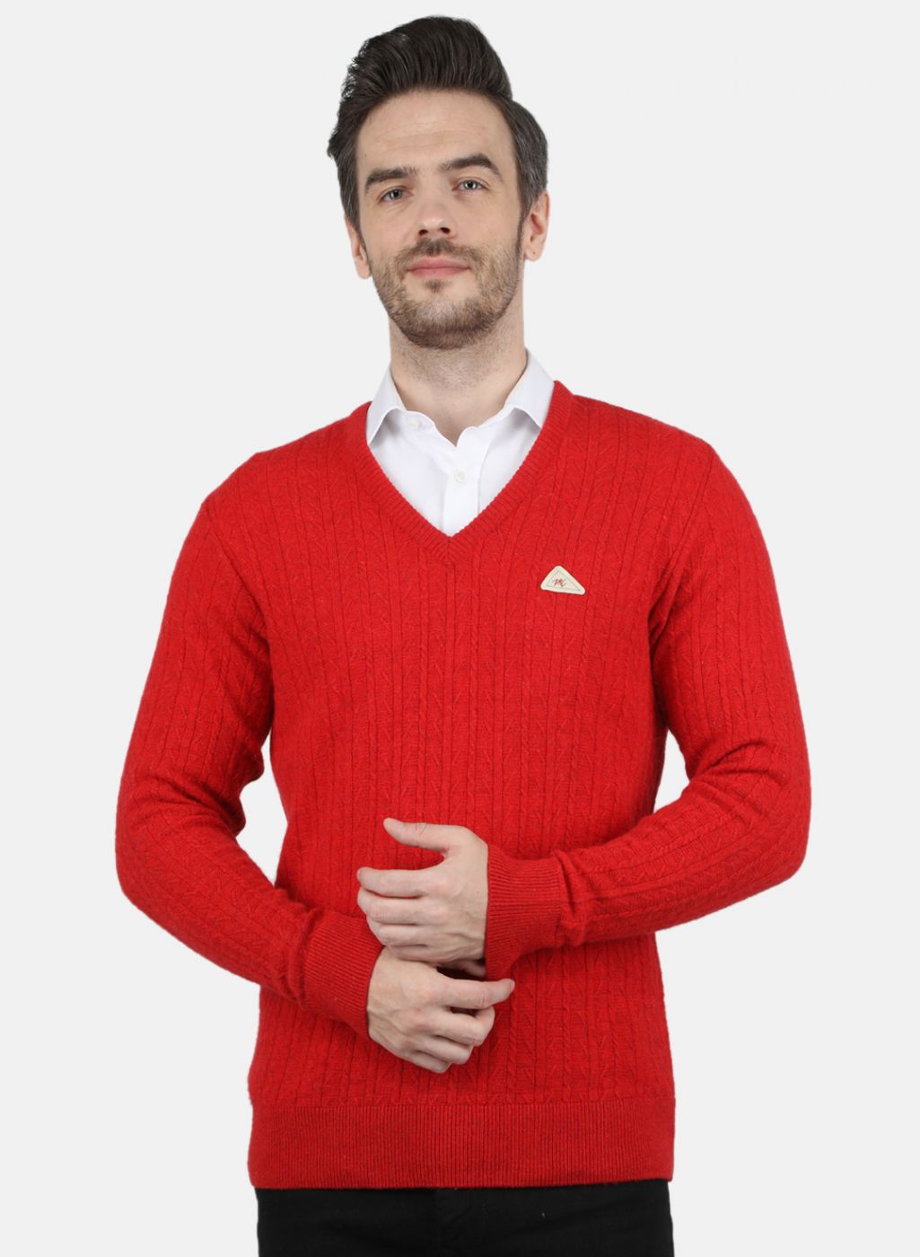 Men Red Self Design Pullover