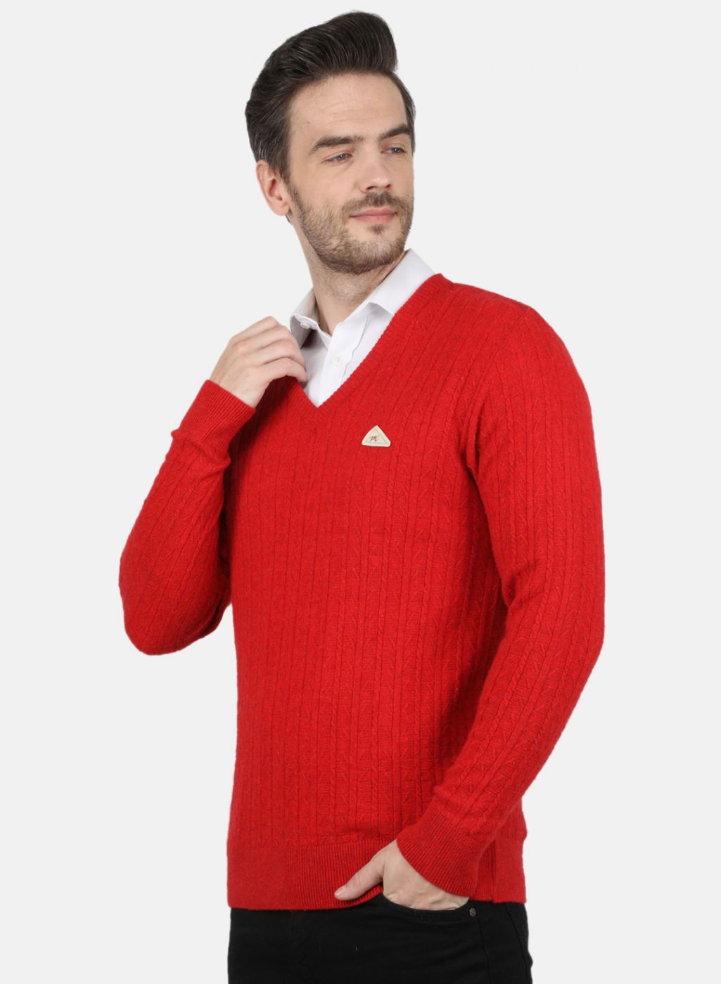 Men Red Self Design Pullover