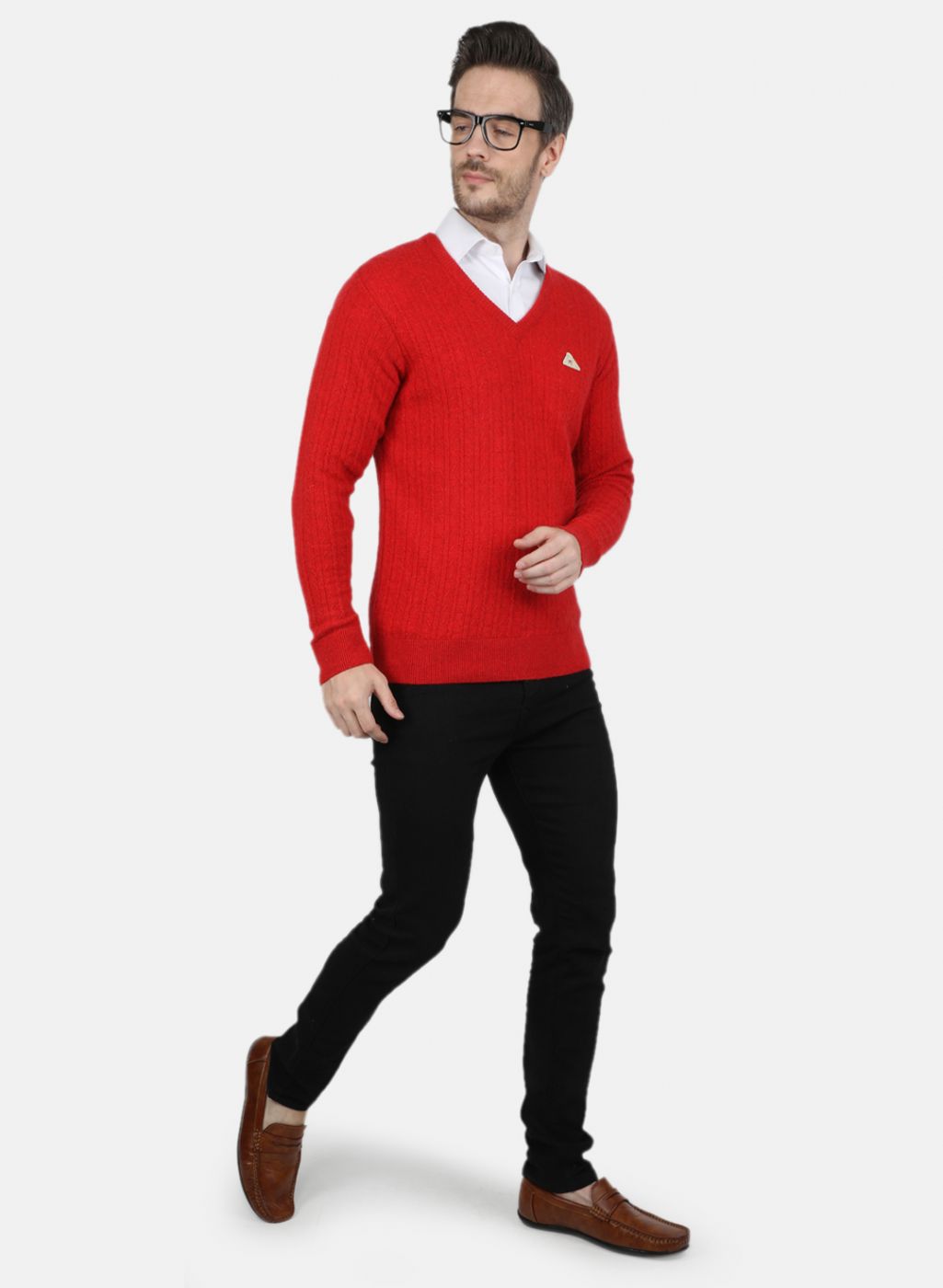 Men Red Self Design Pullover