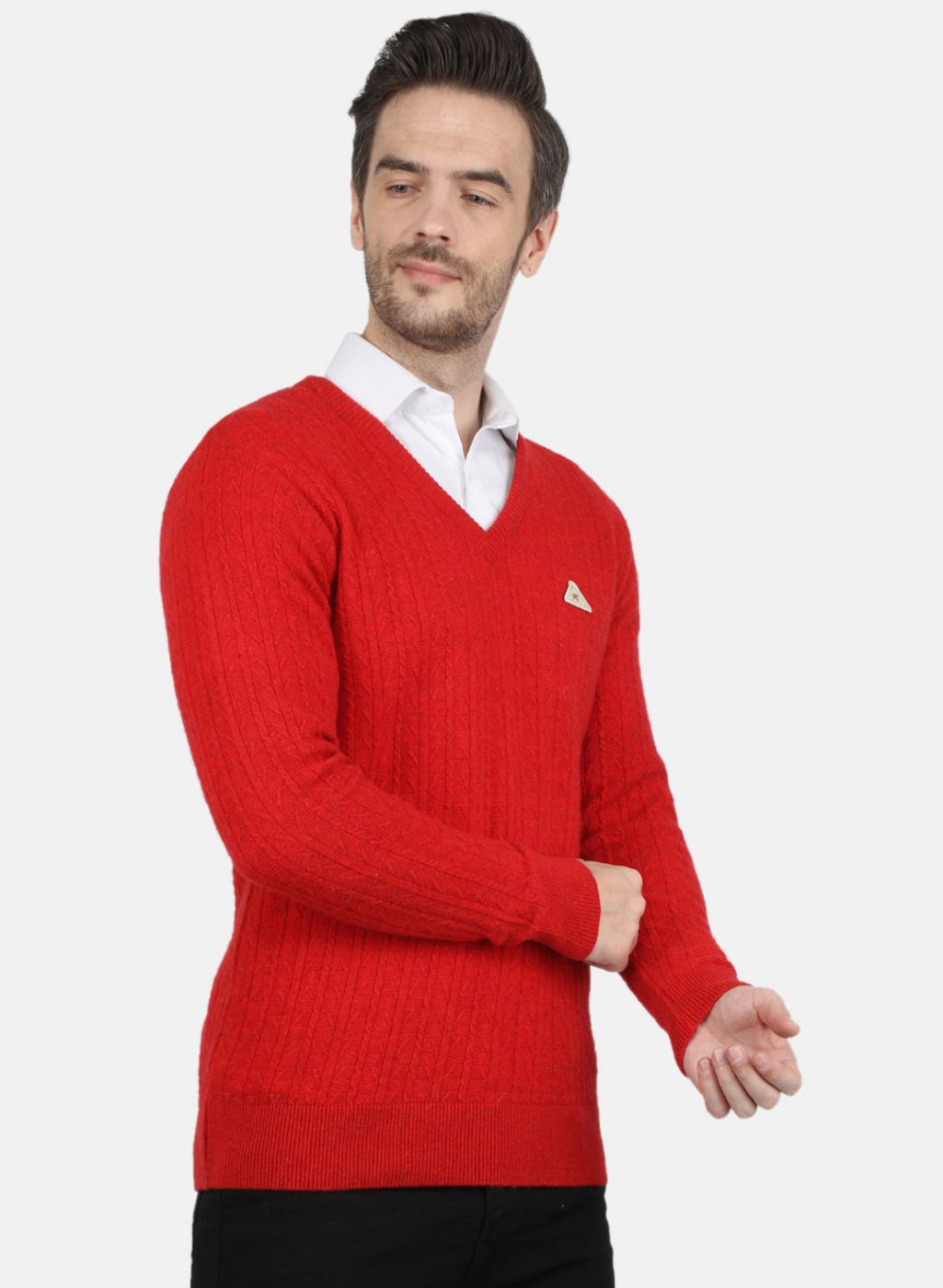 Men Red Self Design Pullover