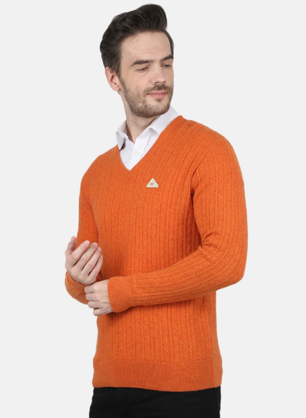 Men Orange Self Design Pullover