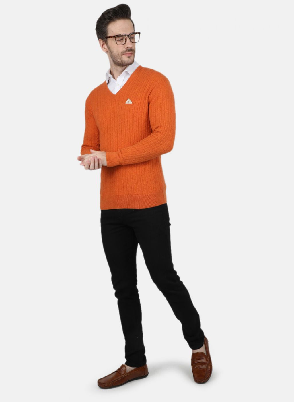 Men Orange Self Design Pullover