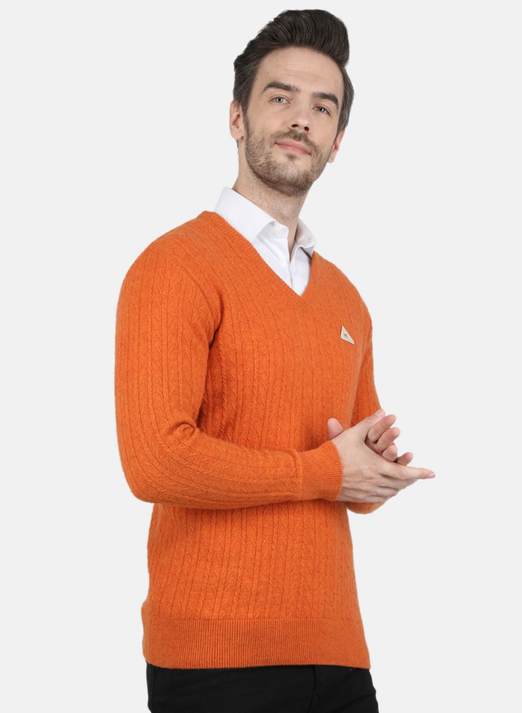 Men Orange Self Design Pullover