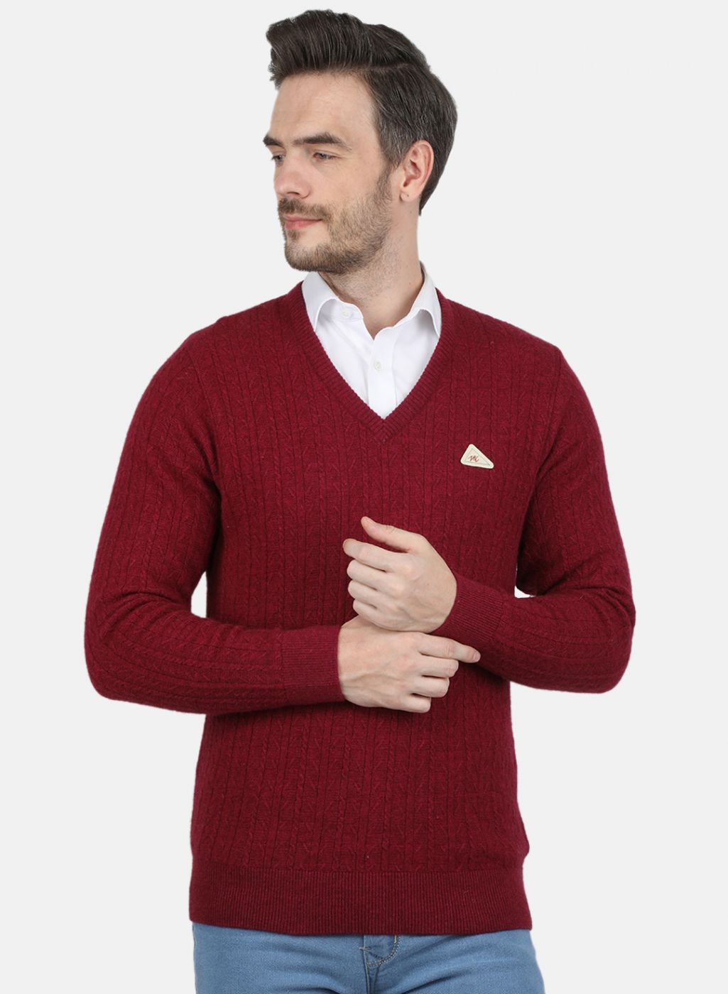 Men Red Self Design Pullover