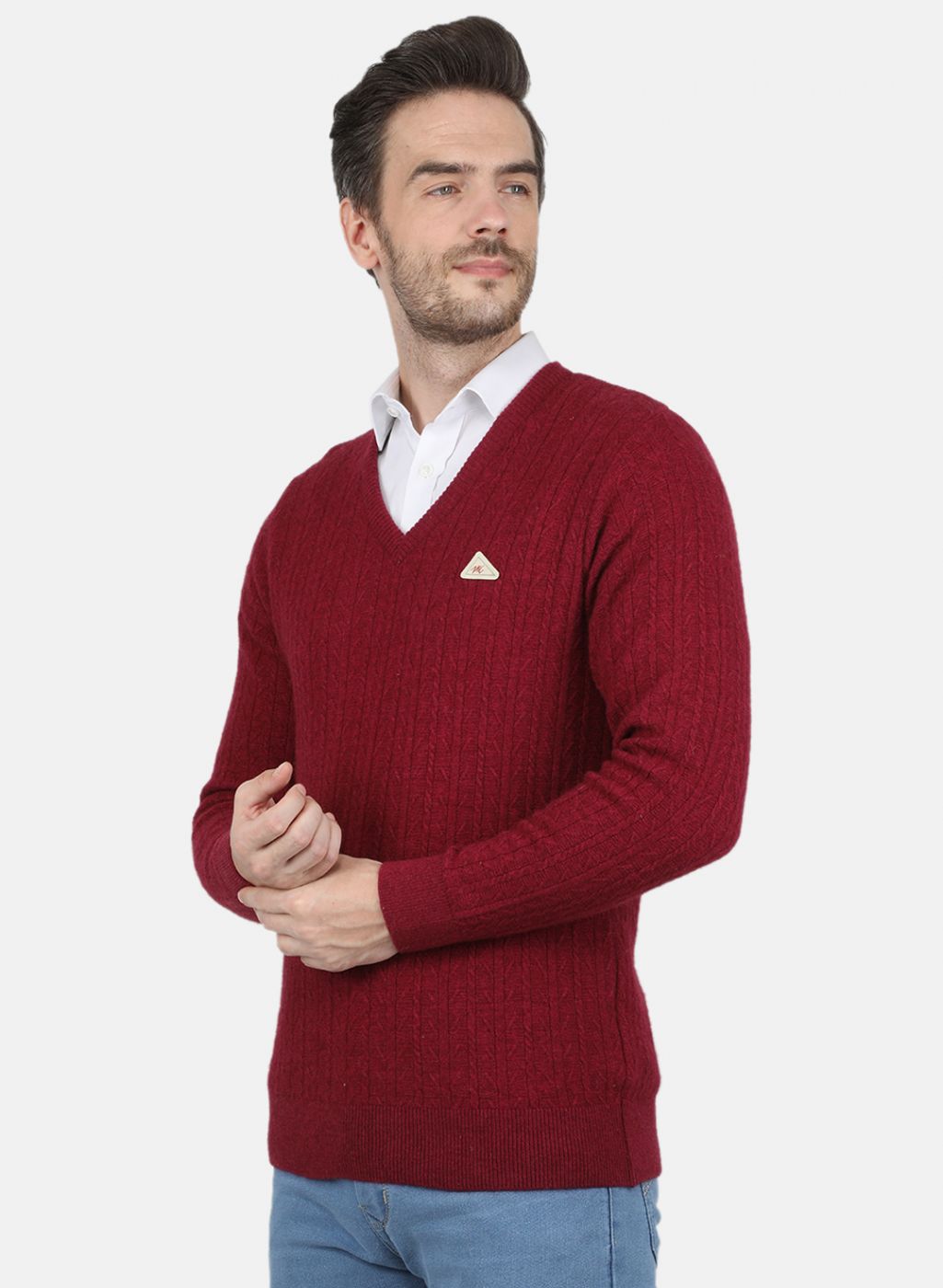 Men Red Self Design Pullover