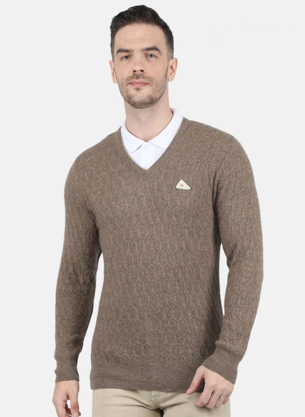 Men Beige Self Design Pullover