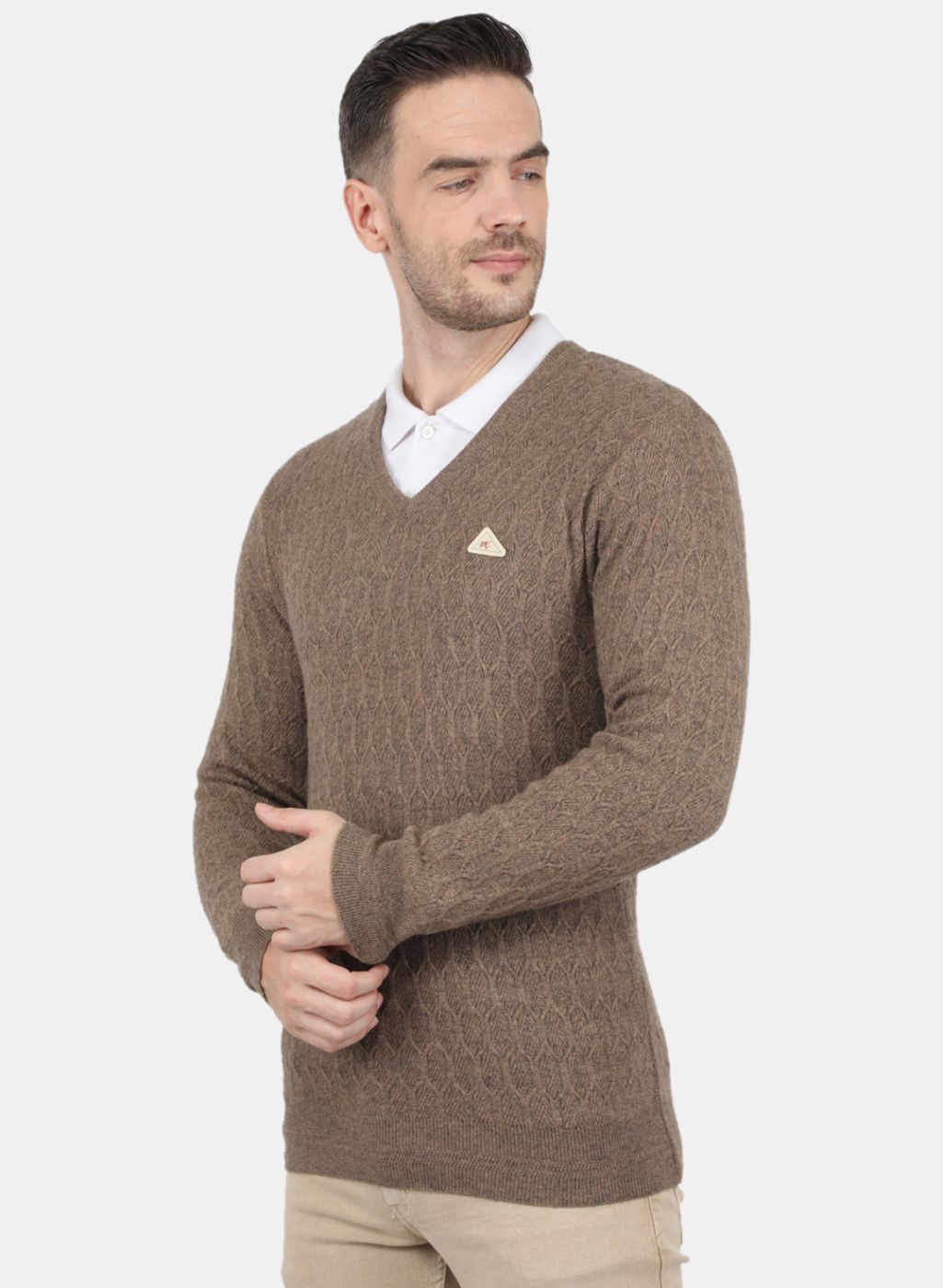 Men Beige Self Design Pullover