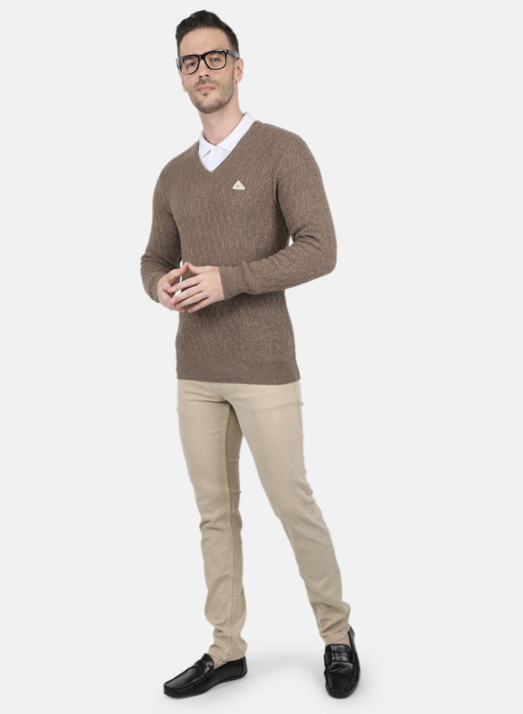 Men Beige Self Design Pullover