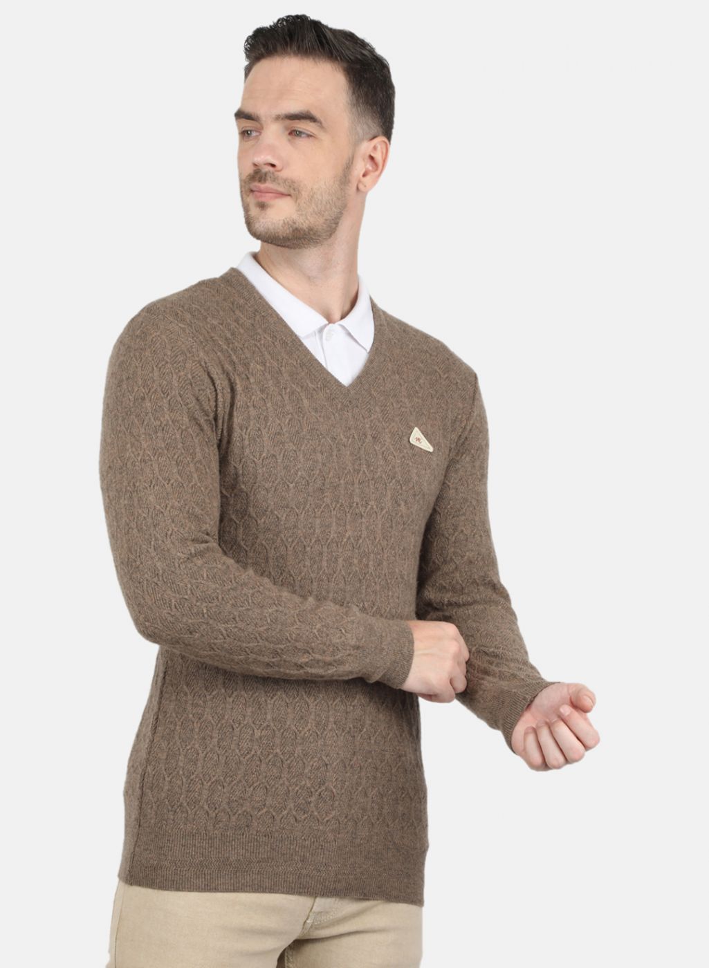 Men Beige Self Design Pullover