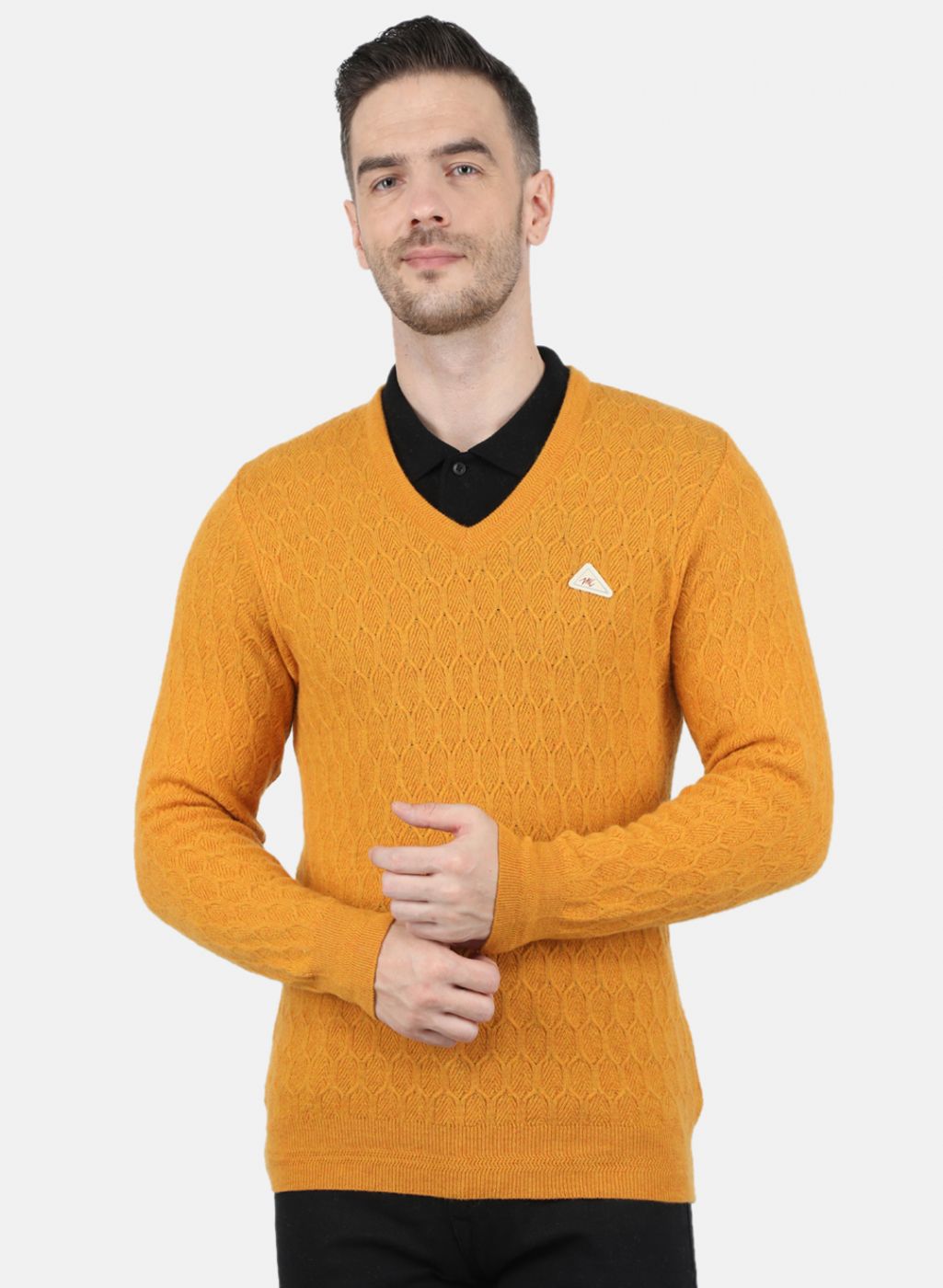 Men Yellow Self Design Pullover