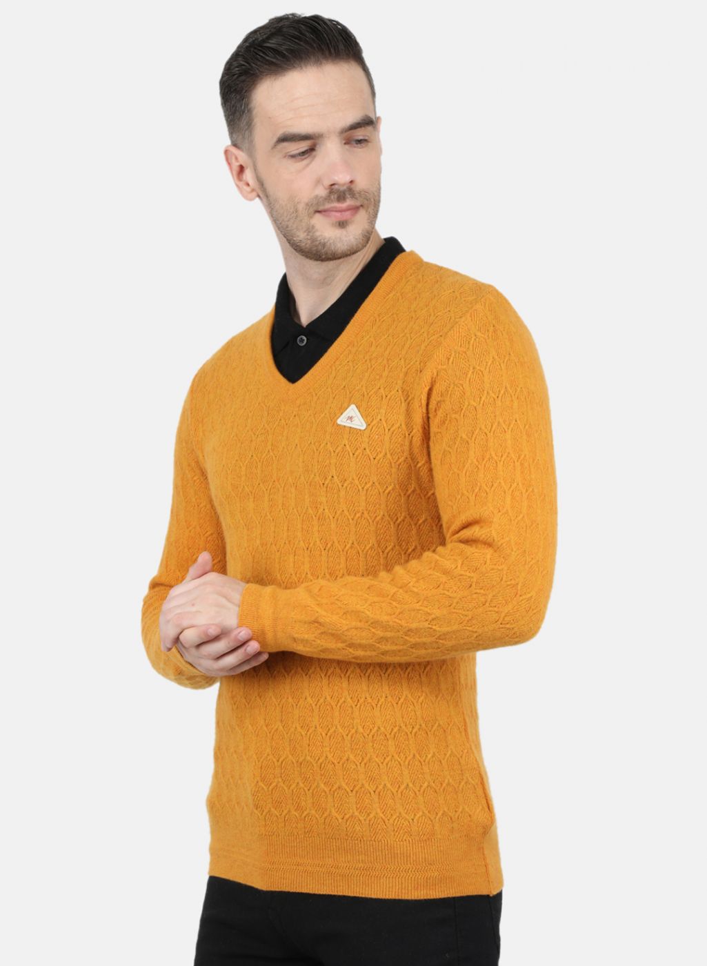 Men Yellow Self Design Pullover