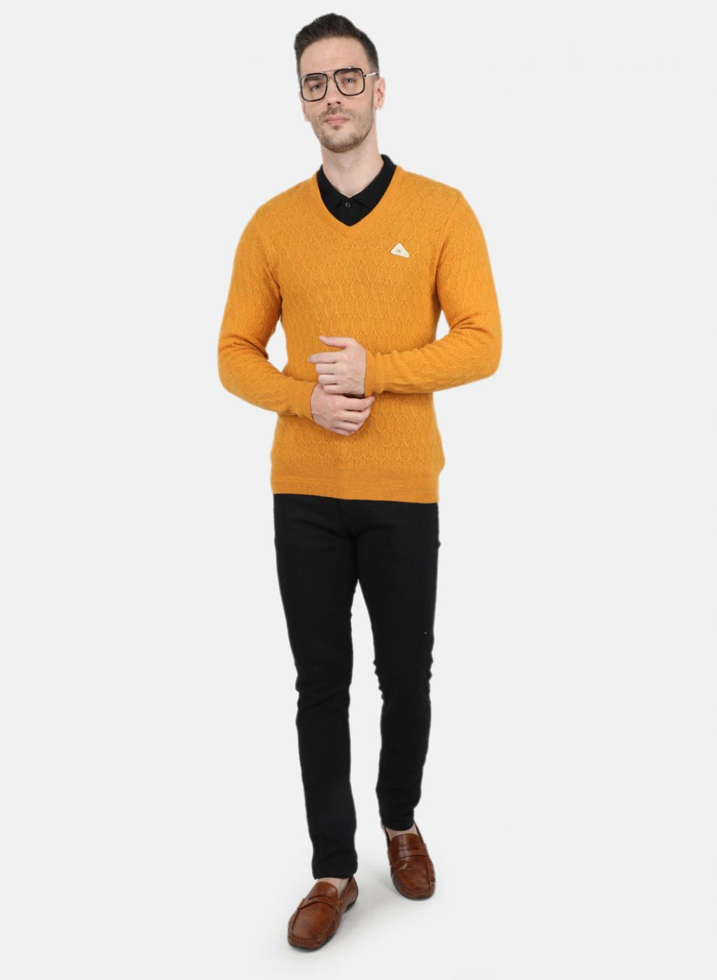 Men Yellow Self Design Pullover