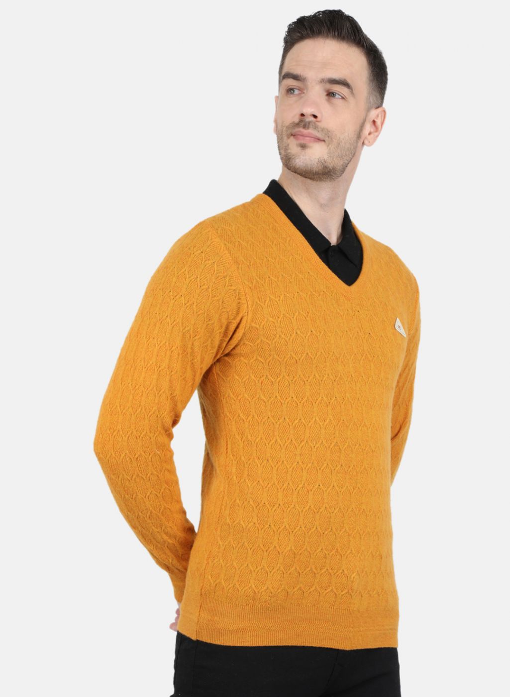 Men Yellow Self Design Pullover