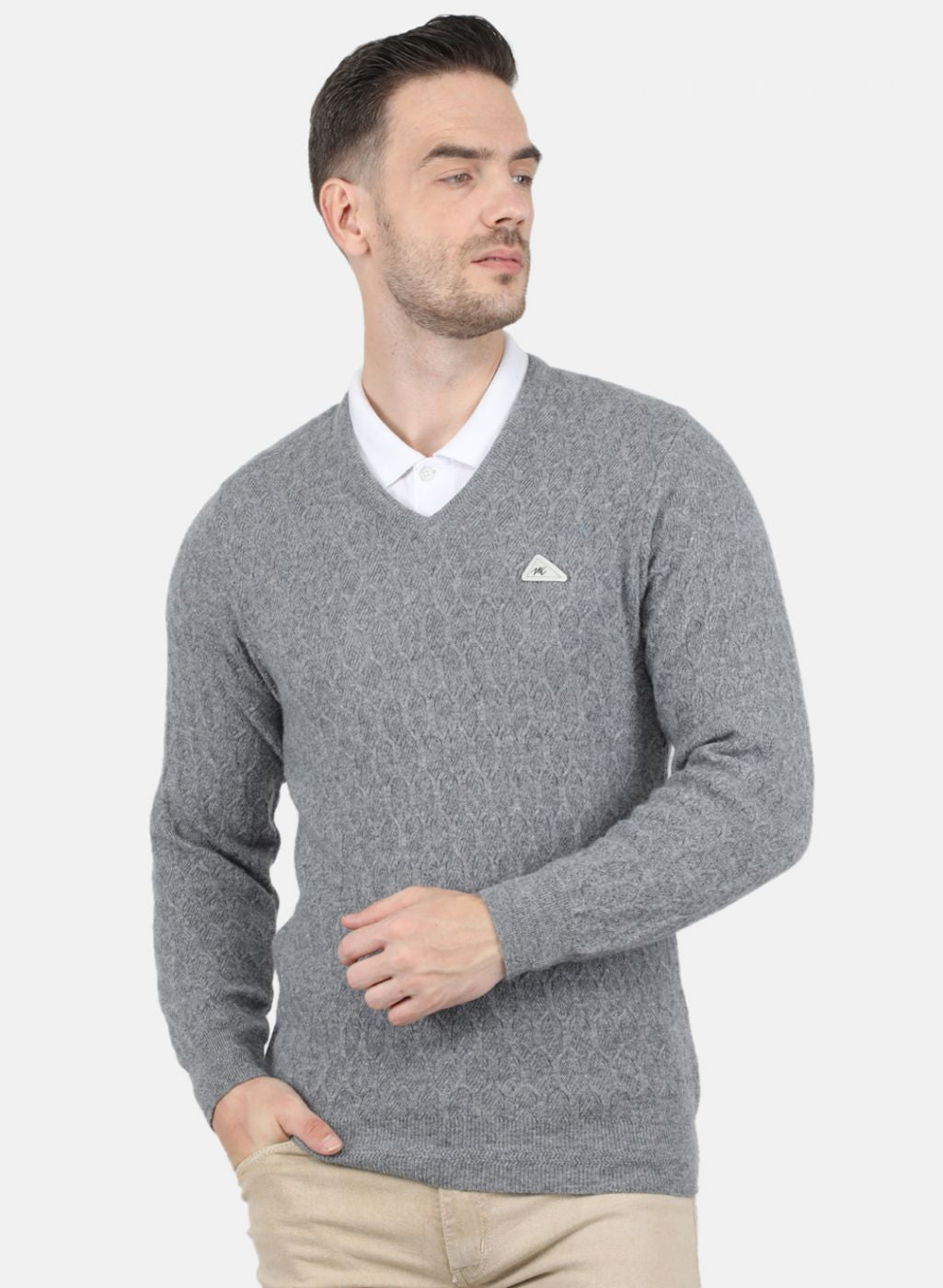 Men Grey Self Design Pullover