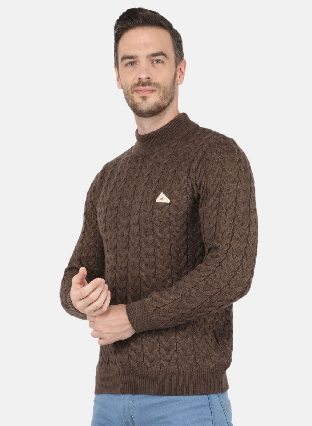 Men Brown Self Design Pullover