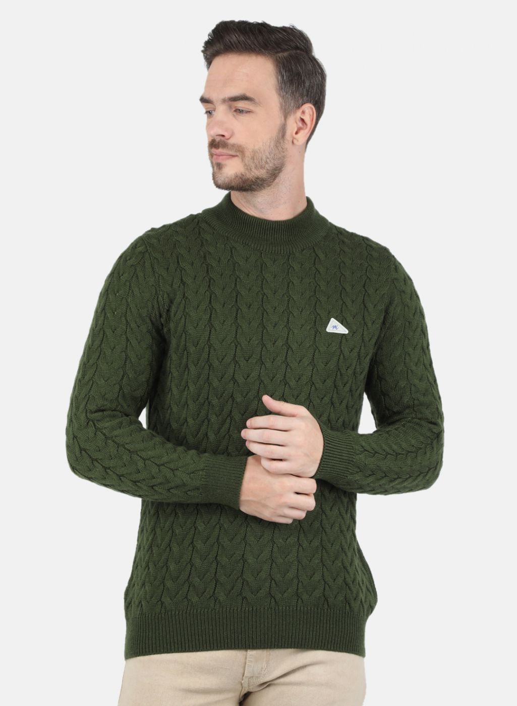 Men Olive Self Design Pullover