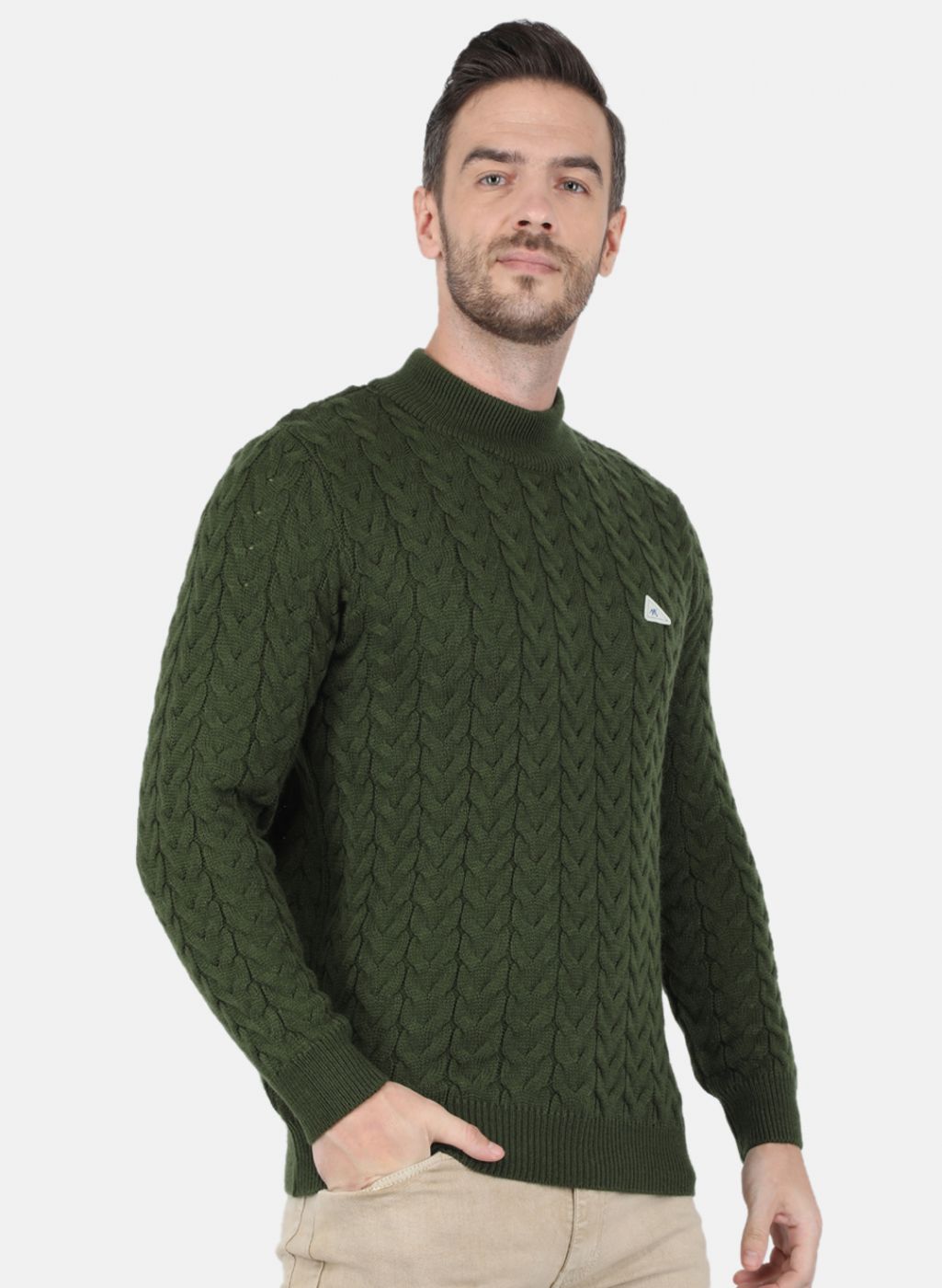 Men Olive Self Design Pullover