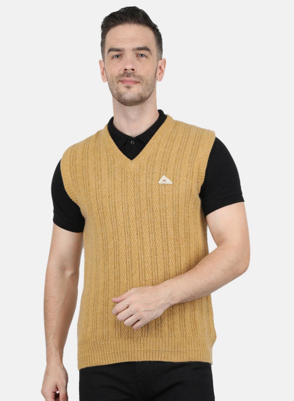 Men Mustard Self Design Sweater